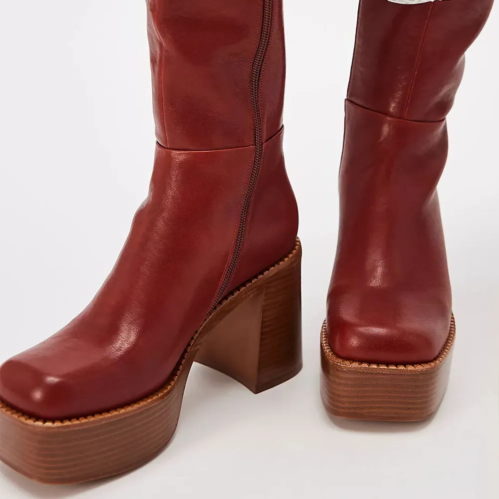Maroon Square Toe Chunky Heel Side Zipper Knee High Platform Boots