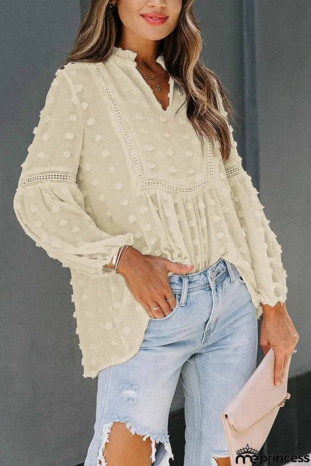 Ruffled Split Neck Lace Hollow Out Puff Sleeve Polka Dot Blouse