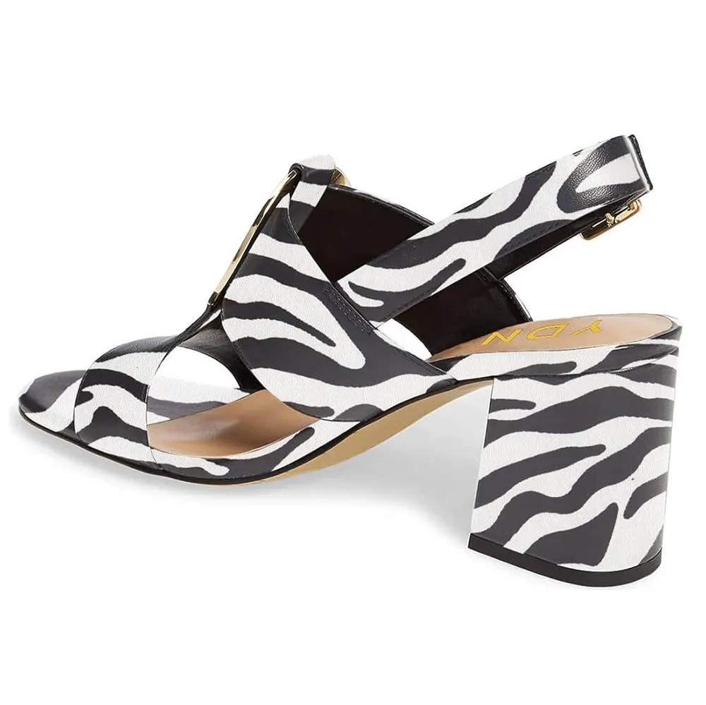 Black & White Open Toe Zebra Print Hardware Strap Heels Sandals