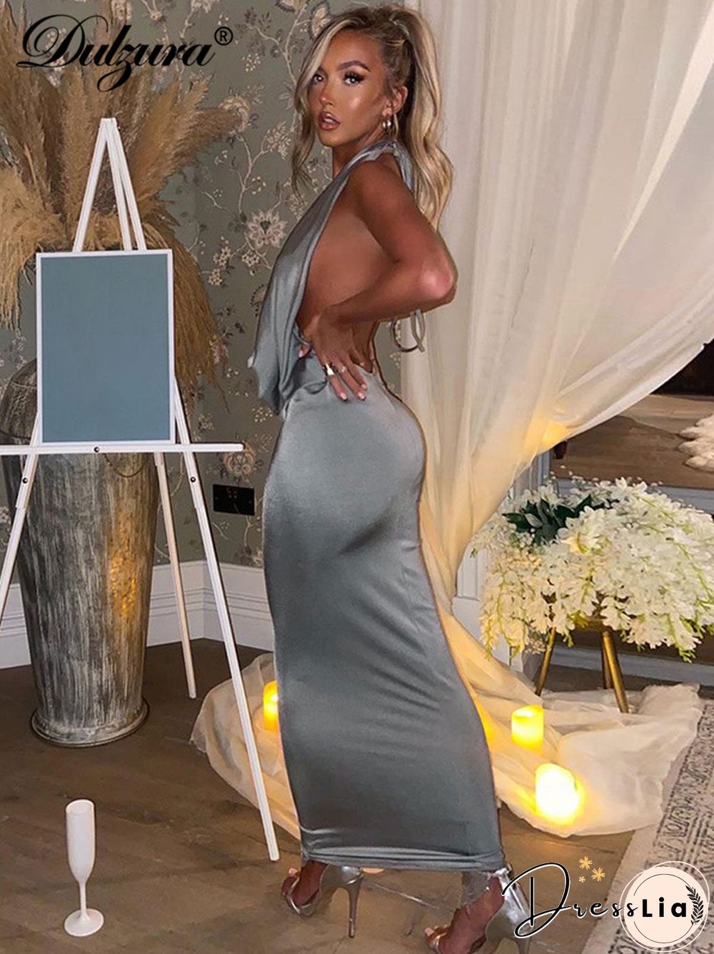 Chic Bling Women Evening Halter Maxi Dress Pile Collar Backless Bodycon Sexy Party Elegant Club Birthday Festival Outfit