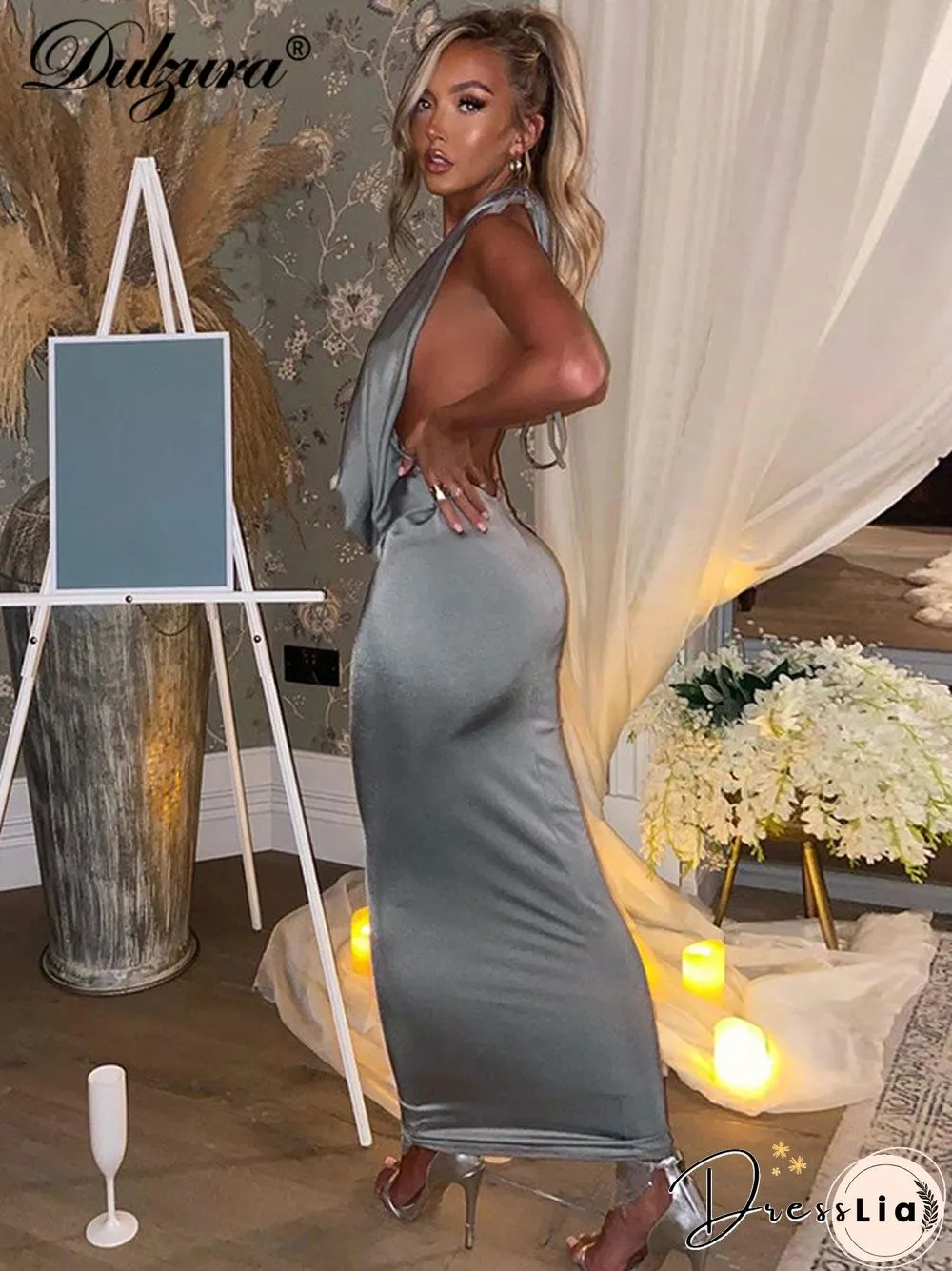 Chic Bling Women Evening Halter Maxi Dress Pile Collar Backless Bodycon Sexy Party Elegant Club Birthday Festival Outfit