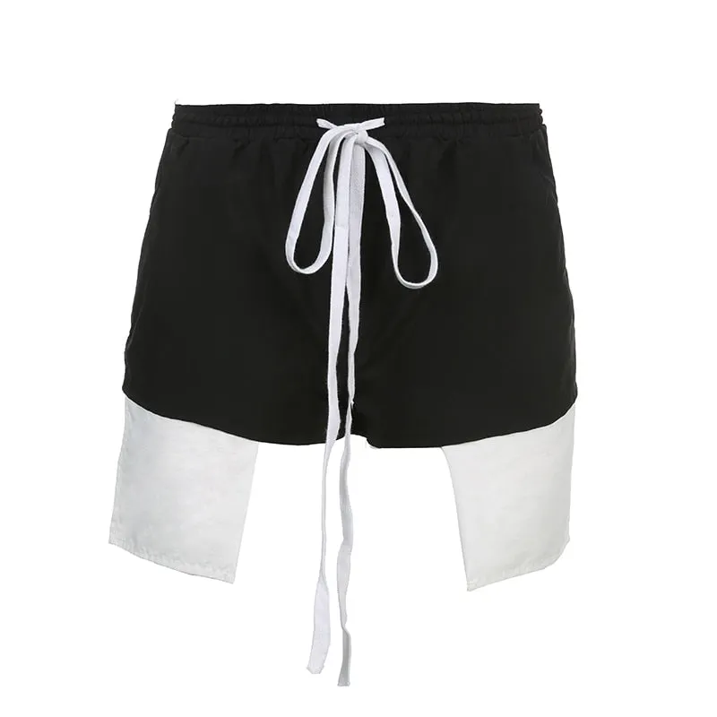 BIIKPIIK Shorts Women Fashion Mid Waist Summer Side Slit Patchwork Drawstring Shorts Color Contrast Overalls Streetwear Bottoms