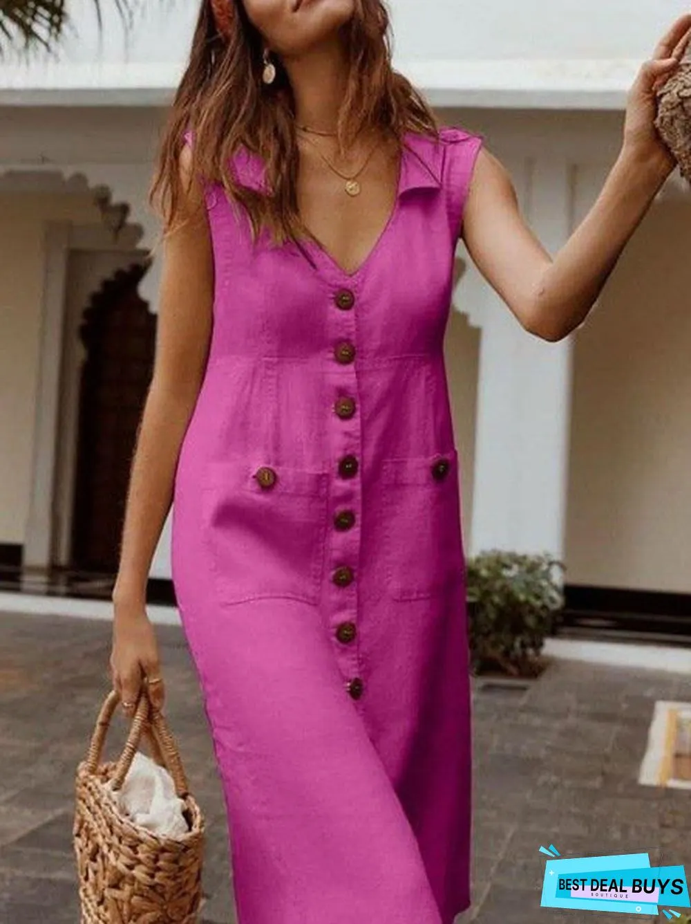 Sleeveless Casual V Neck Shift Maxi Dress