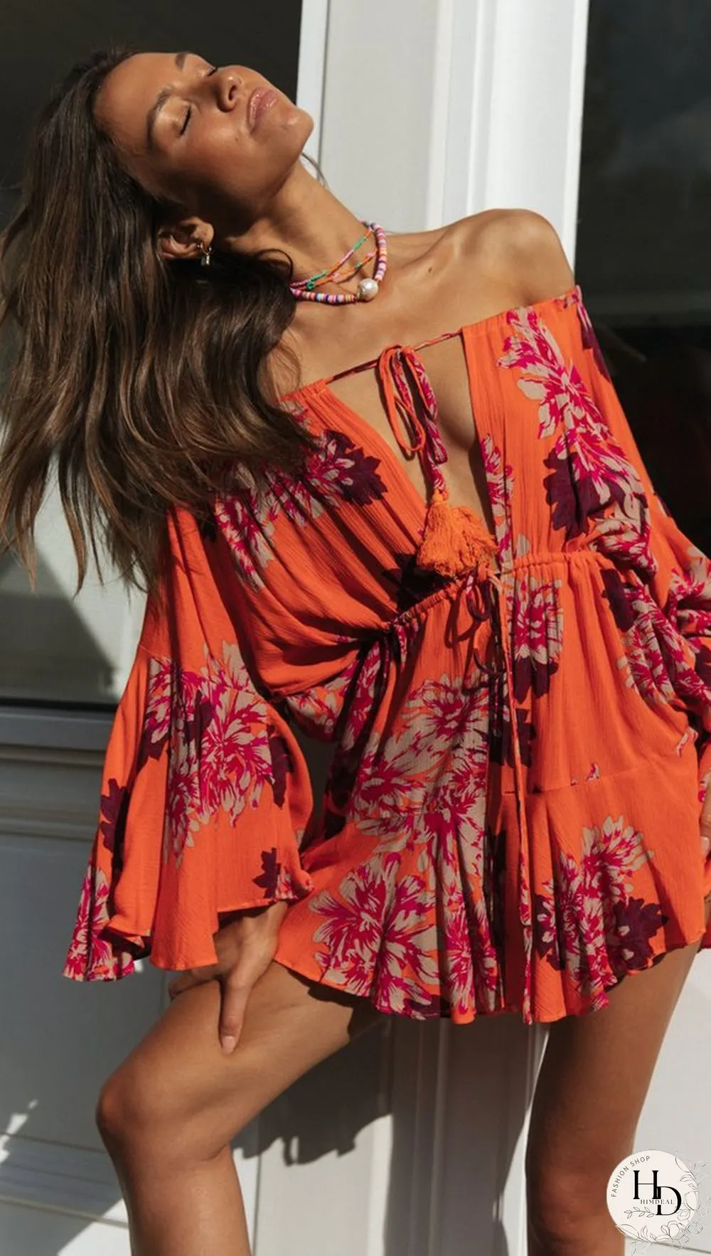 Carrot Floral Off Shoulder Withdraw Rompers