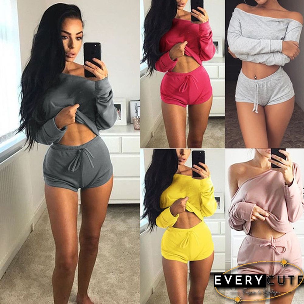 Summer Women Two-Piece Sports Crop Top Shorts Clothes Outfits