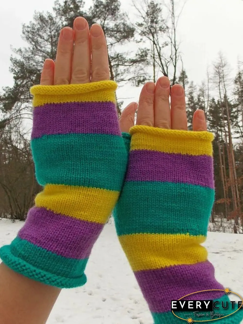 Contrast Stripe Pattern Handwoven Half Finger Gloves