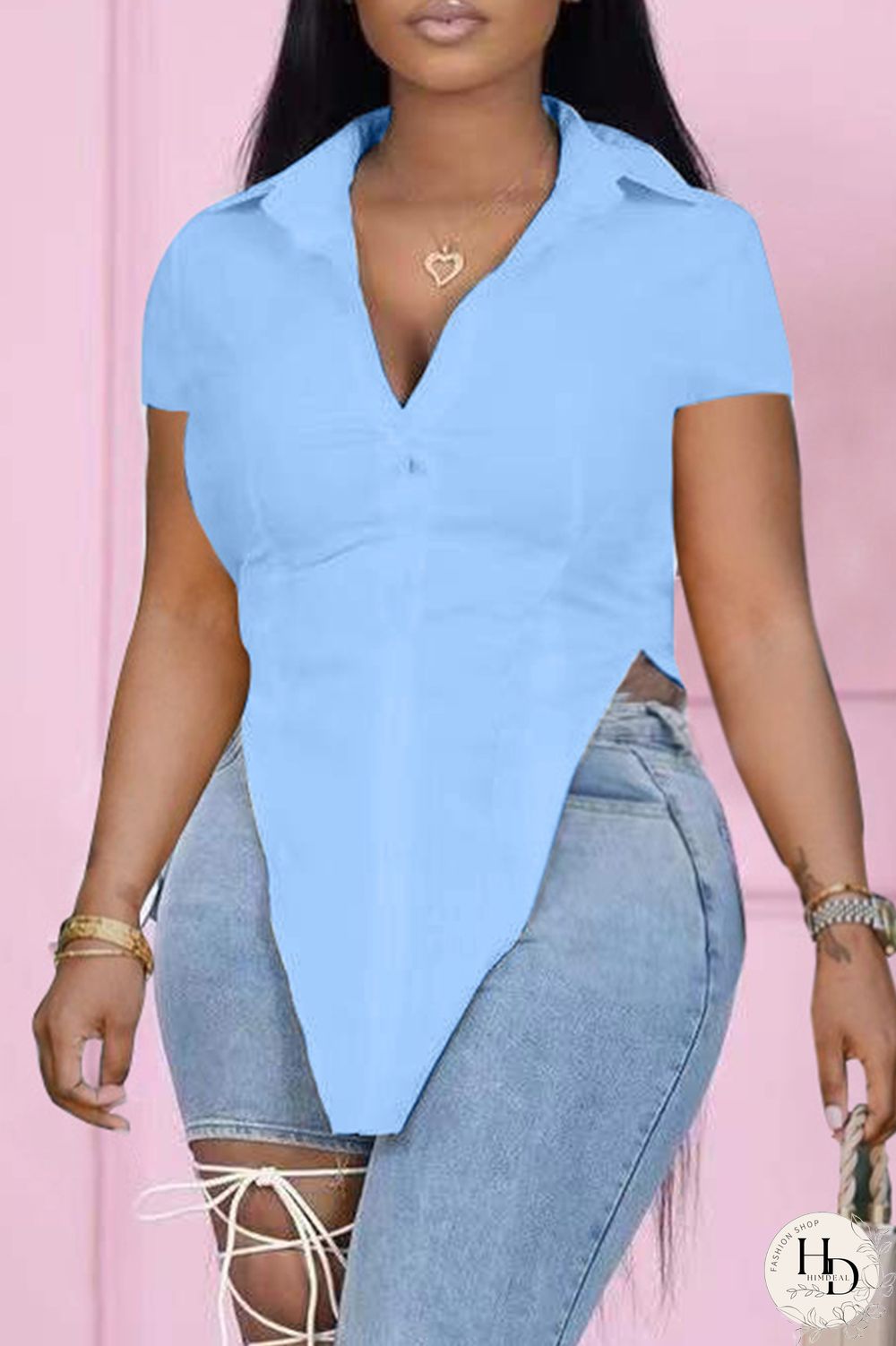 Sky Blue Fashion Casual Solid Asymmetrical Turndown Collar Tops