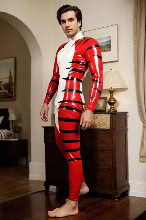 Men Latex Catsuits Neck Entry Tiger Stripe Animal