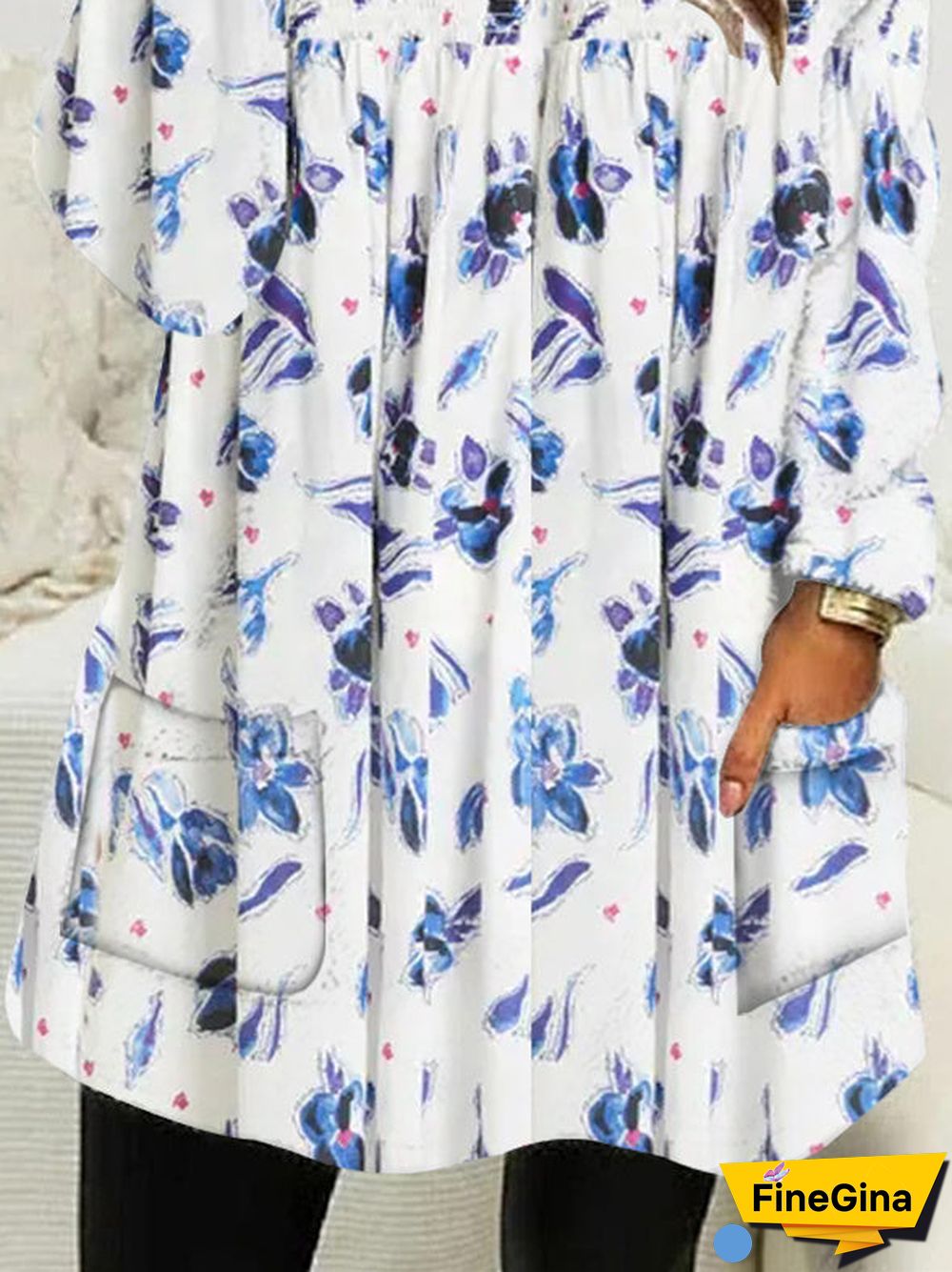 Women Long Sleeve Scoop Neck Floral Printed Pockets Tops