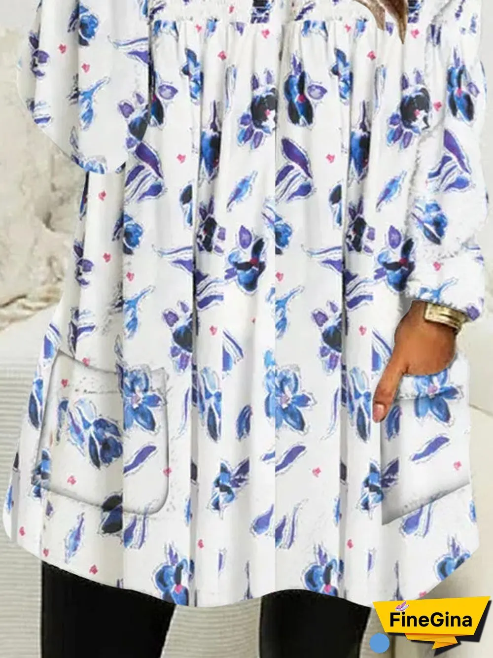 Women Long Sleeve Scoop Neck Floral Printed Pockets Tops