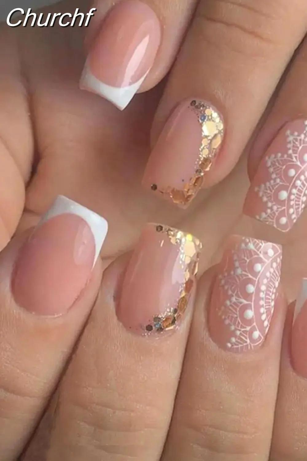 Churchf Nail Full Cover Fake Nail Pink Glitter Wearable French Short Nails Square Head False Nail Press On Nails Manicure Tool 715-1-Nail Inspo