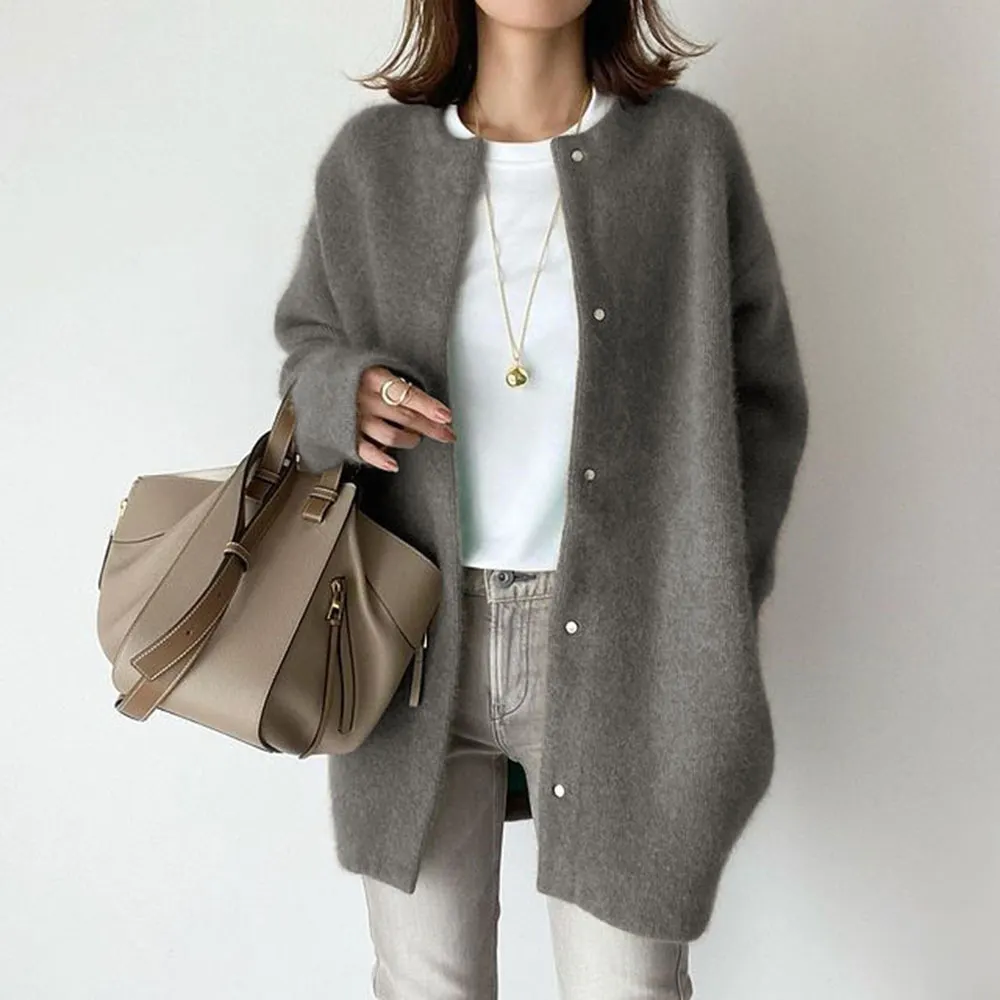Retro Solid Color Loose Button Pocket Knitted Cardigan