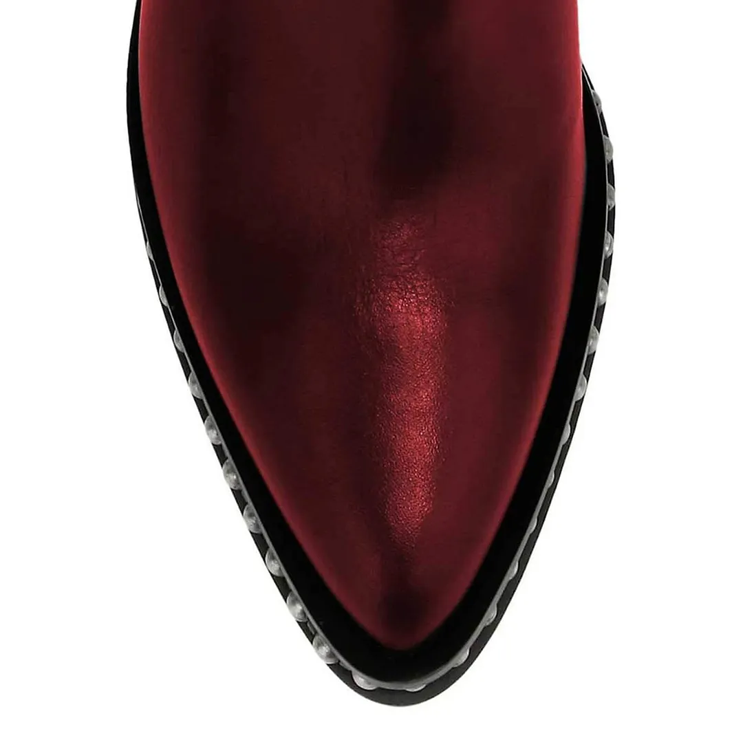 Pointed Toe Studded Buckle Strap Wine Chunky Heeled Ankle Boots
