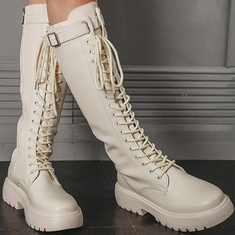 New Women Boots Mid Calf Boots Solid Color Lace Up Female Boots Platform Non Slip Zipper Ladies Fashion Motorcycle Shoe 2021
