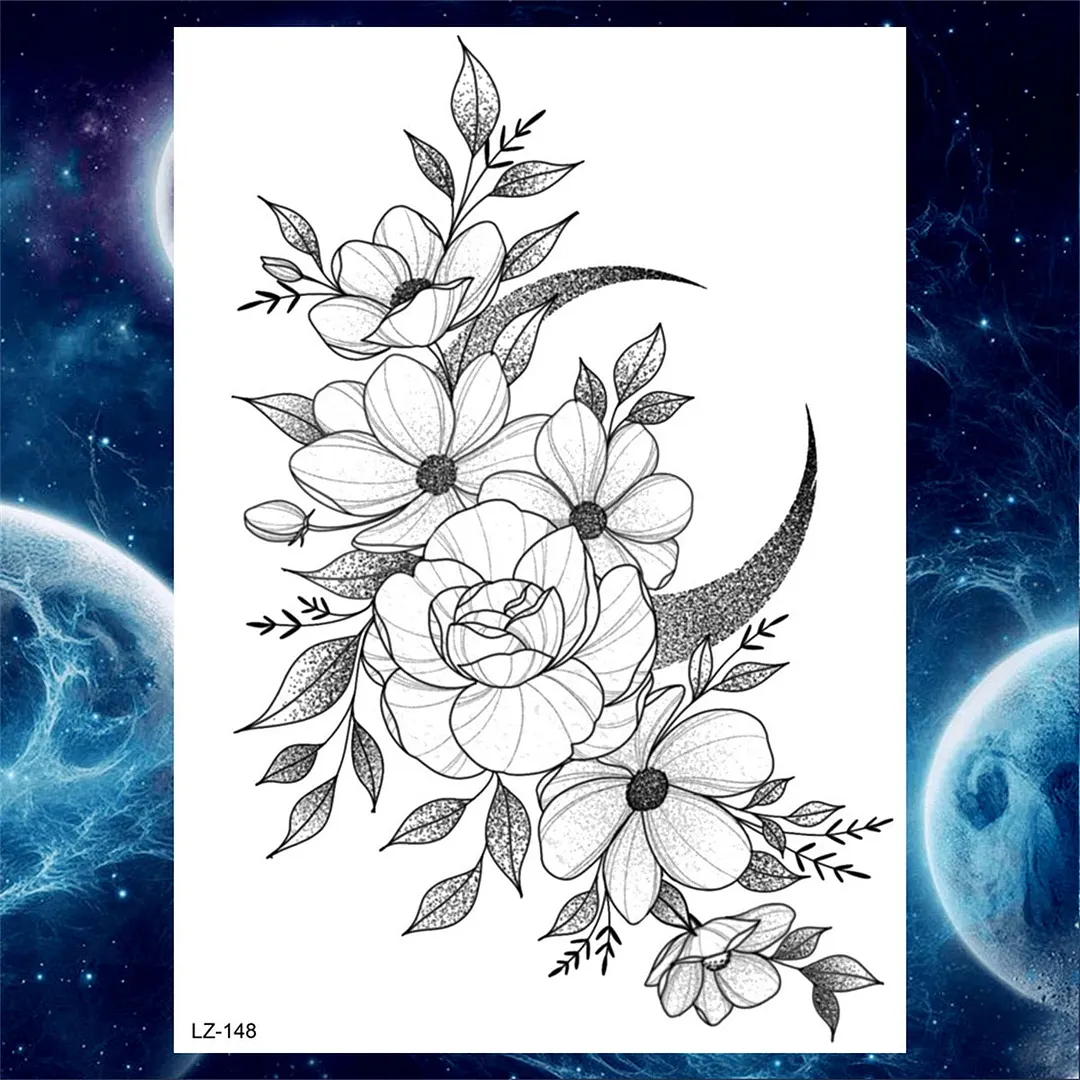 Black Rose Flower Temporary Tattoos For Women Girls Floral Peony Tattoo Sticker Dahlia Fake Anemone 3D Arm Tatoos Self Adhesive