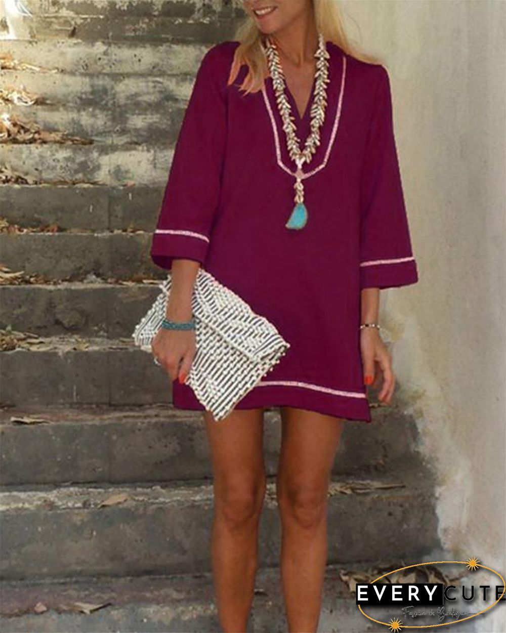 Bohemian Solid 3/4 Sleeve Casual Mini Dress