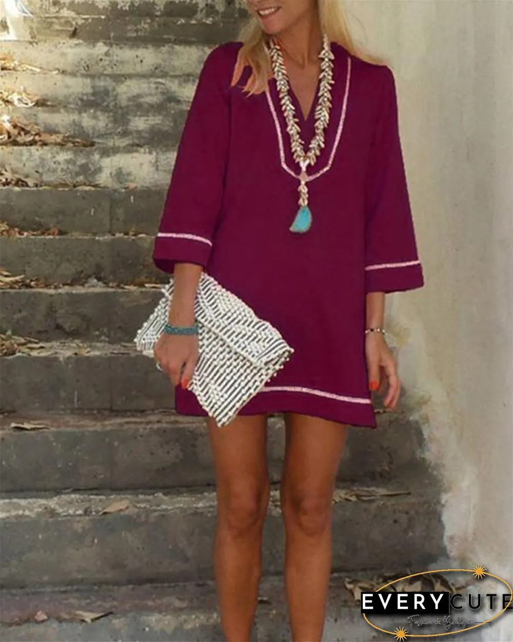 Bohemian Solid 3/4 Sleeve Casual Mini Dress