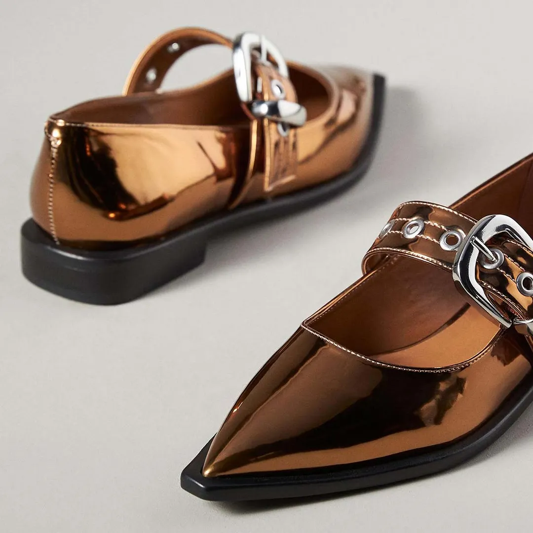 Gold Patent Pointed Toe Flat Mary Jane Pumps with Buckle Strap