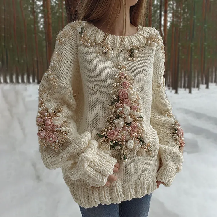 Women's Pearl & Rose Christmas Tree Art Crew Neck Sweater