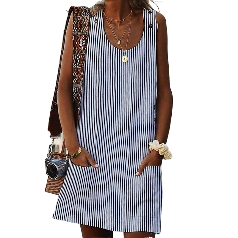 Summer Print Stripe Casual Sleeveless Pocket Loose Fashion Casual Dress