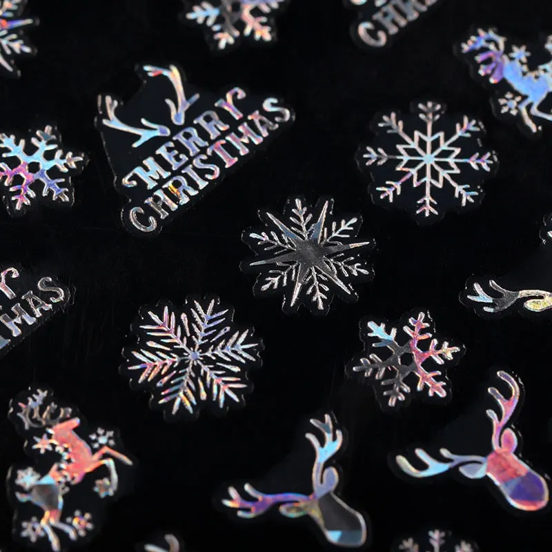 Sliver Bronzing 3D Christmas Nail Art Decoration Sticker Sparkly White Colorful Glitter Geometry Snowflake Winter Slider Foil