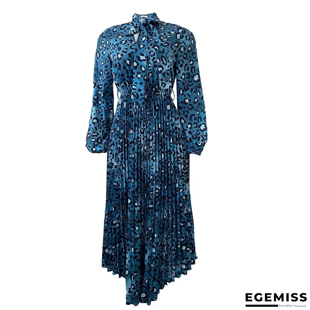 Long Sleeve Printed V-neck Pleated Dress | EGEMISS