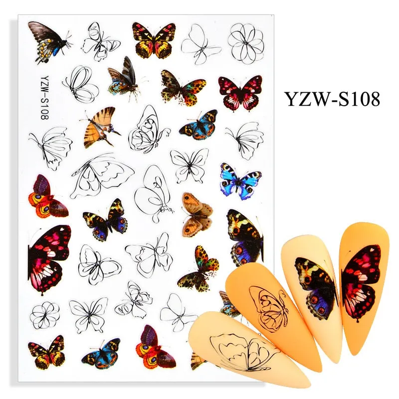 1pc Holographic Blue Nail Stickers Pink Colorful Butterfly Art Sticker With Adhesive DIY Extension Flowers Rose Nail Decoration-Nail Inspo