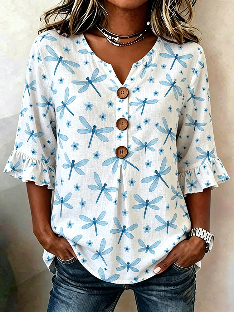 Comstylish Vintage Dragonfly Art Pattern Ruffle Sleeves Comfy Shirt