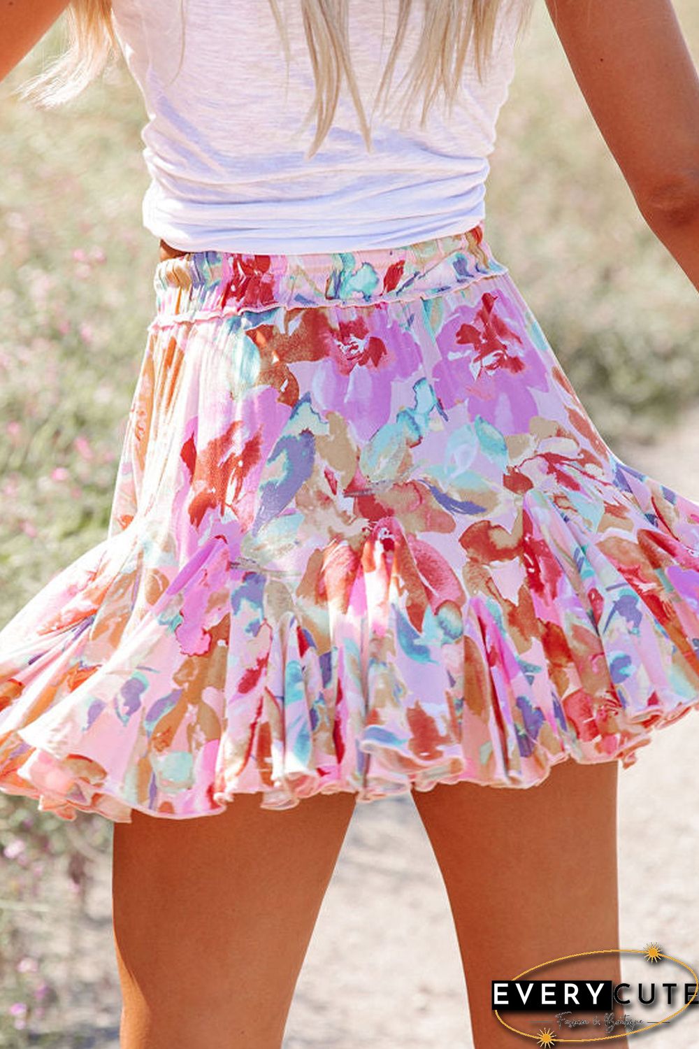 Multicolor Abstract Floral Print Ruffled Mini Skirt