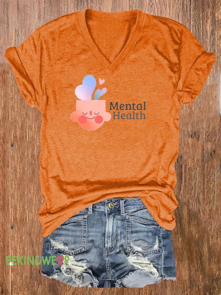 Cartoon Boys Mental Health Matters Printed Casual V-Neck Short Sleeve T-Shirt Orange / S