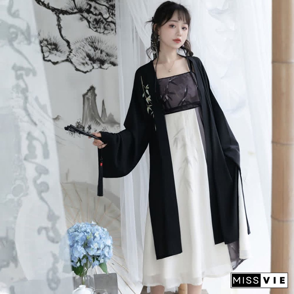 Vintage Bamboo Print Colorblock Slip Dress Split Cardigan