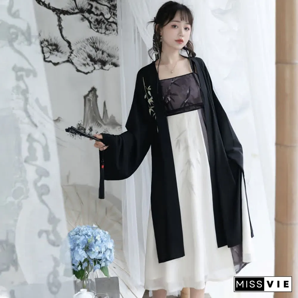 Vintage Bamboo Print Colorblock Slip Dress Split Cardigan