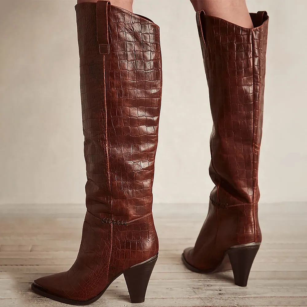 Brown Pointed Toe Cone Heel Croc Embossed Over the Knee Boots
