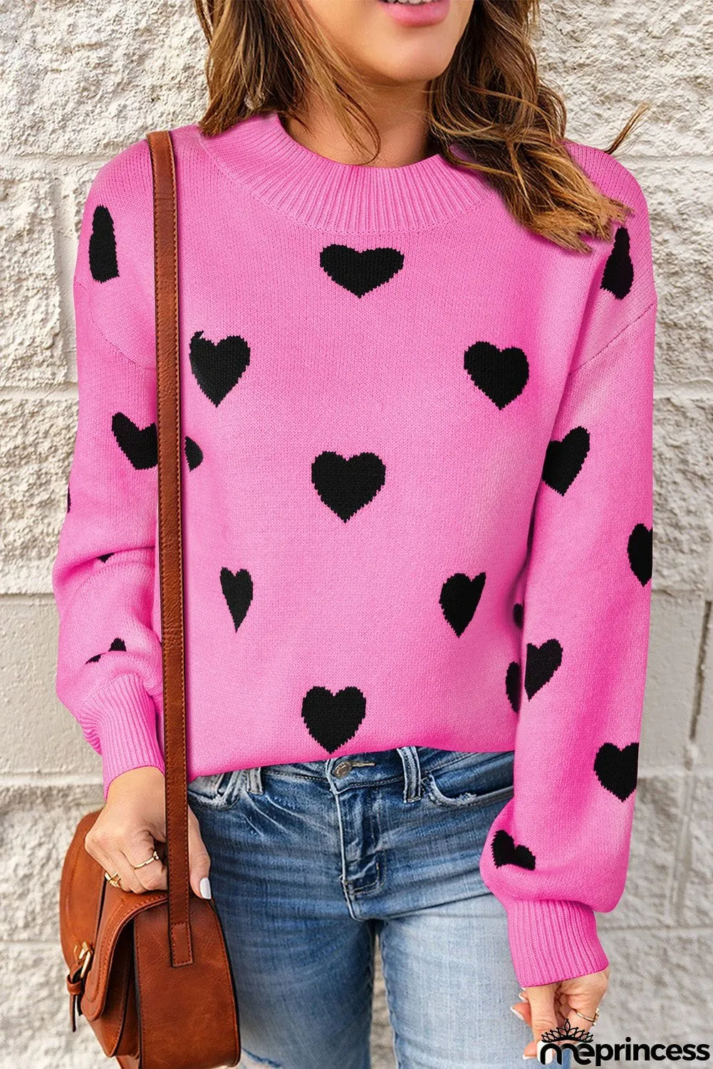 Heart Pattern Ribbed Trim Knit Sweater