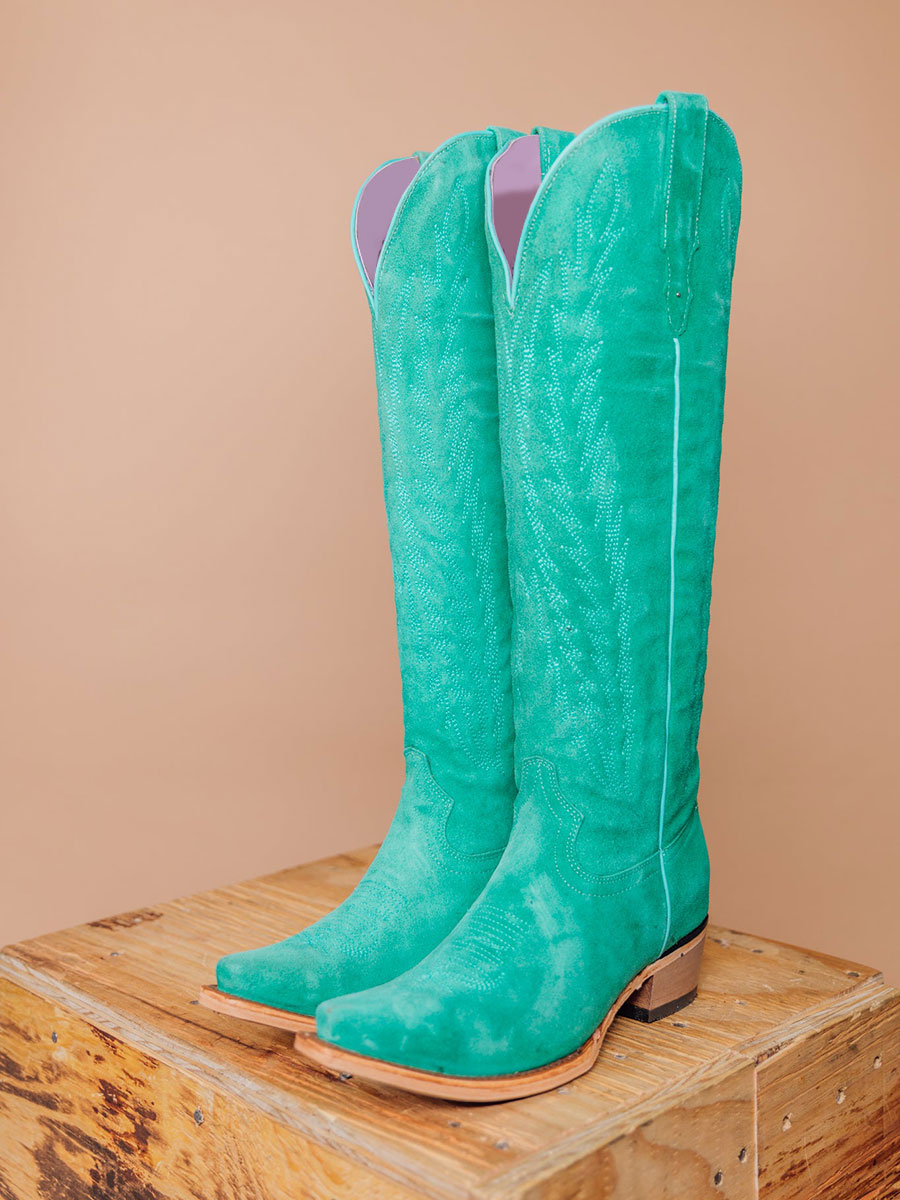 Turquoise Vegan Suede Wide Calf Snip Toe Knee-High Cowgirl Boots