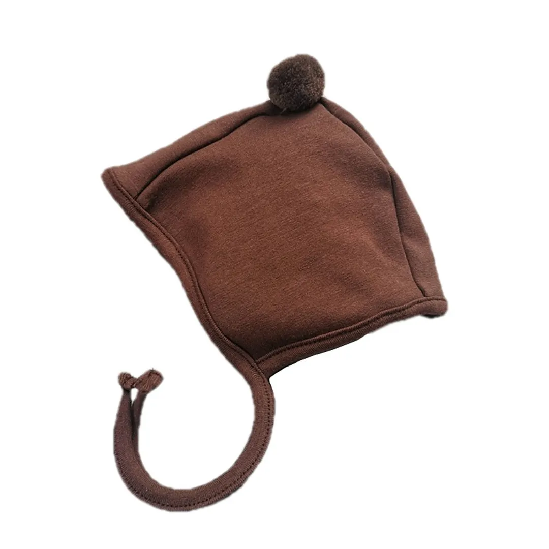 Winter Baby Boy Girl Warm Cap Hat No-Brim Plush Ball Hat Beanie Bear Ears Solid Strap Caps