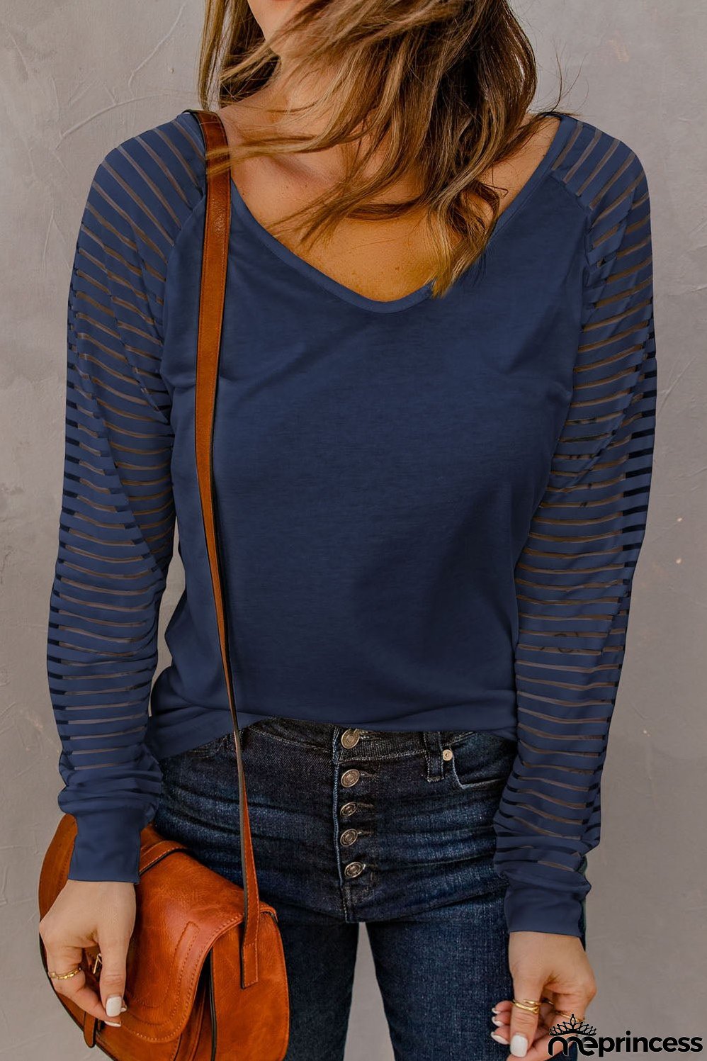 Stripe Long Sleeve Large Fashion Simple V-Neck T-Shirt