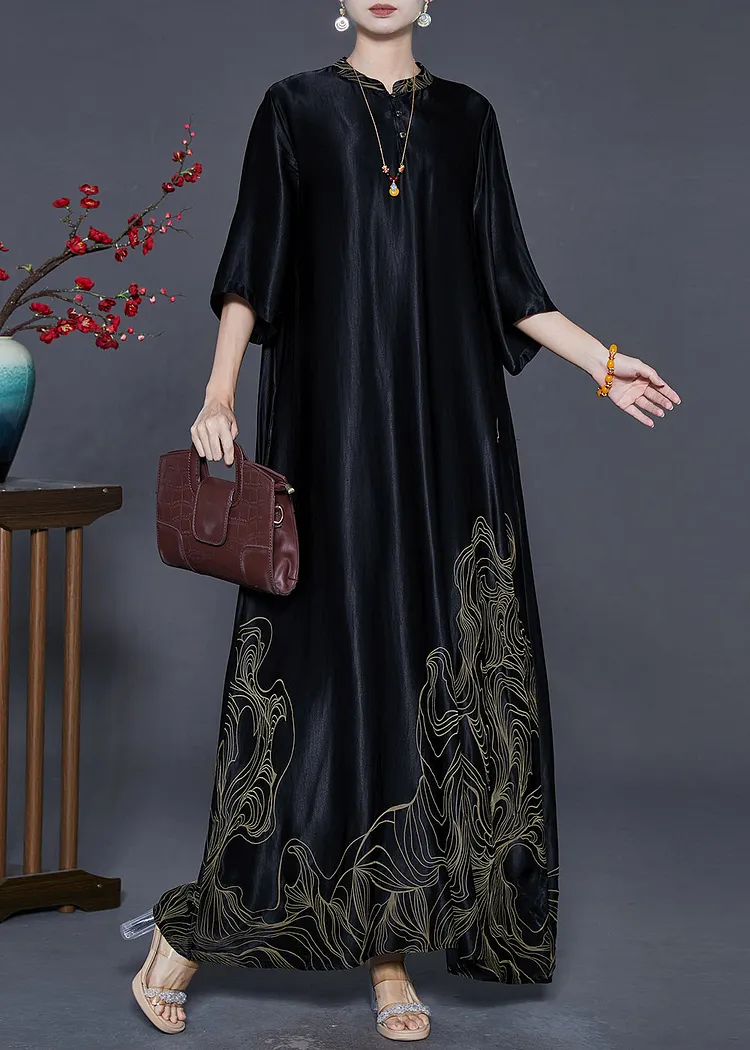 Boutique Black Mandarin Collar Print Silk Long Dresses Half Sleeve Summer
