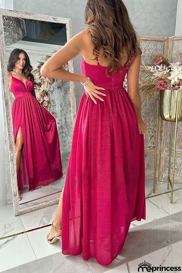 Formal Ready Shiny Fabric Mesh Slit Maxi Dress