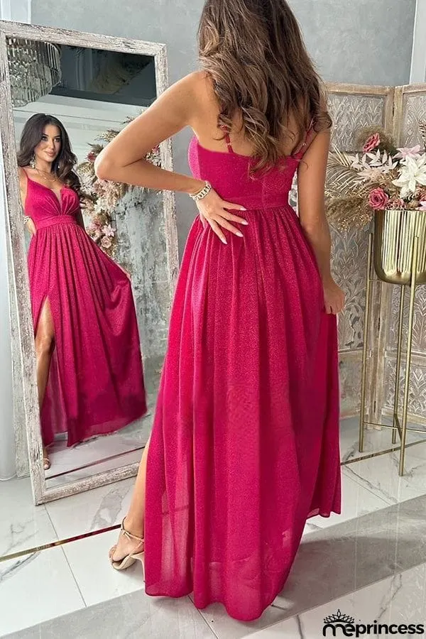 Formal Ready Shiny Fabric Mesh Slit Maxi Dress