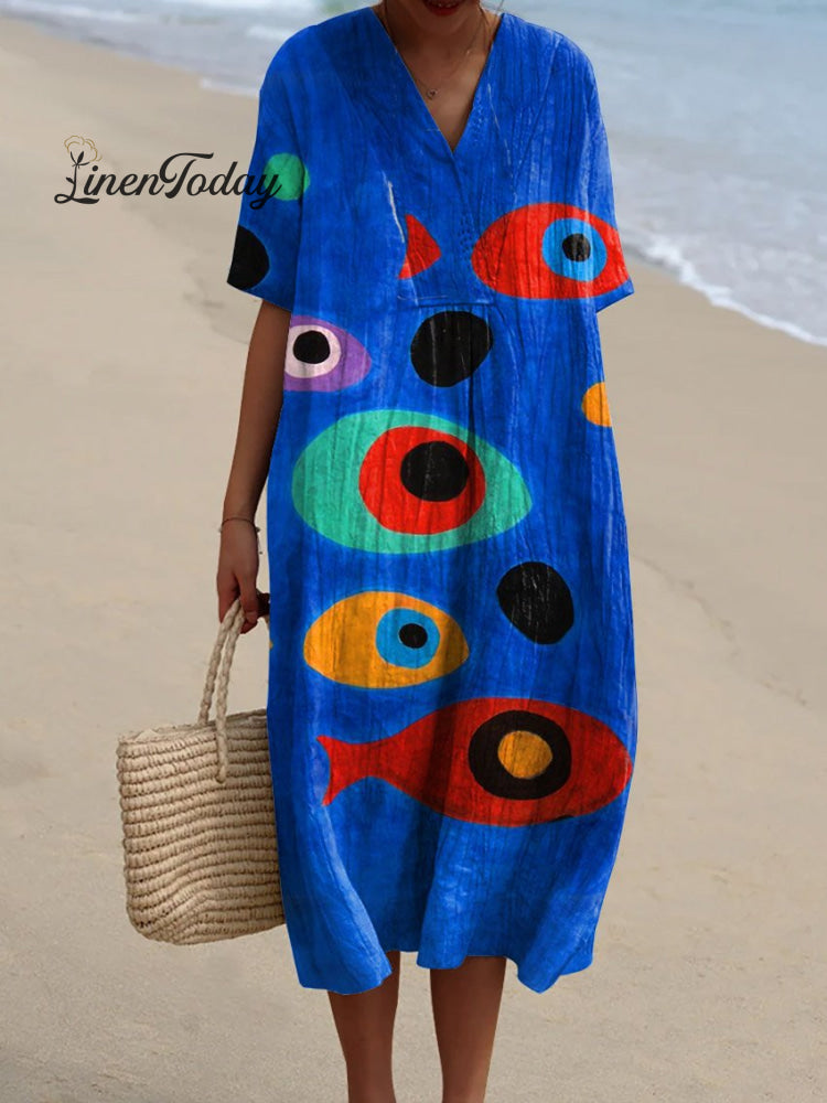 Women&rsquo;s Vintage Lovely Fish Art Print Flowy Dress Blue / S