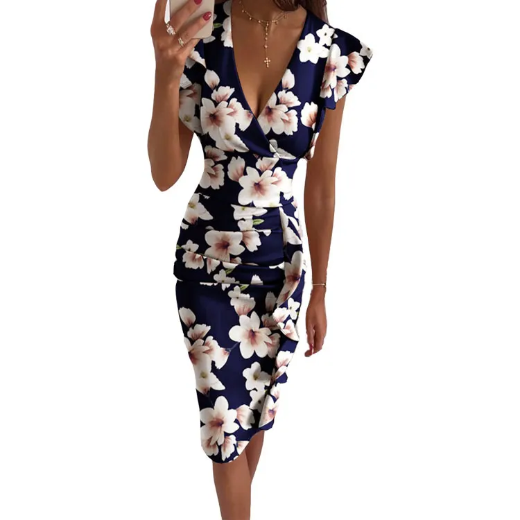 Uveng Uveng New Multi-Color Printing Dress V Collar Lotus Edges Sexy High-Waisted Dress