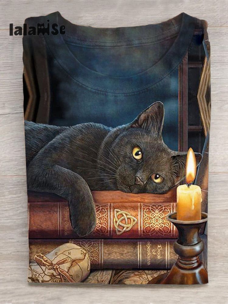 Unisex Halloween Cat Art Print Casual T - Shirt Colorful / S