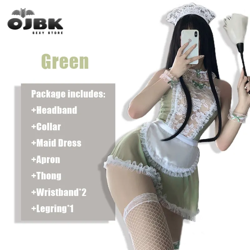 OJBK 3 Colors Japanese Sexy Maid Cosplay Costumes For Woman Transparent Sex Party Lingerie Couple SM AV Lace Outfit 2020 New