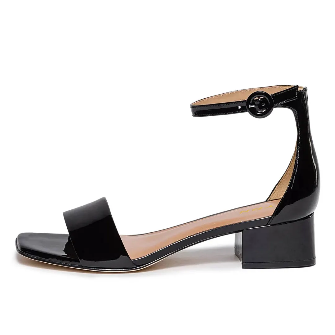 YDN Ankle Strap Open Square Toe Block Heeled Sandals in Black