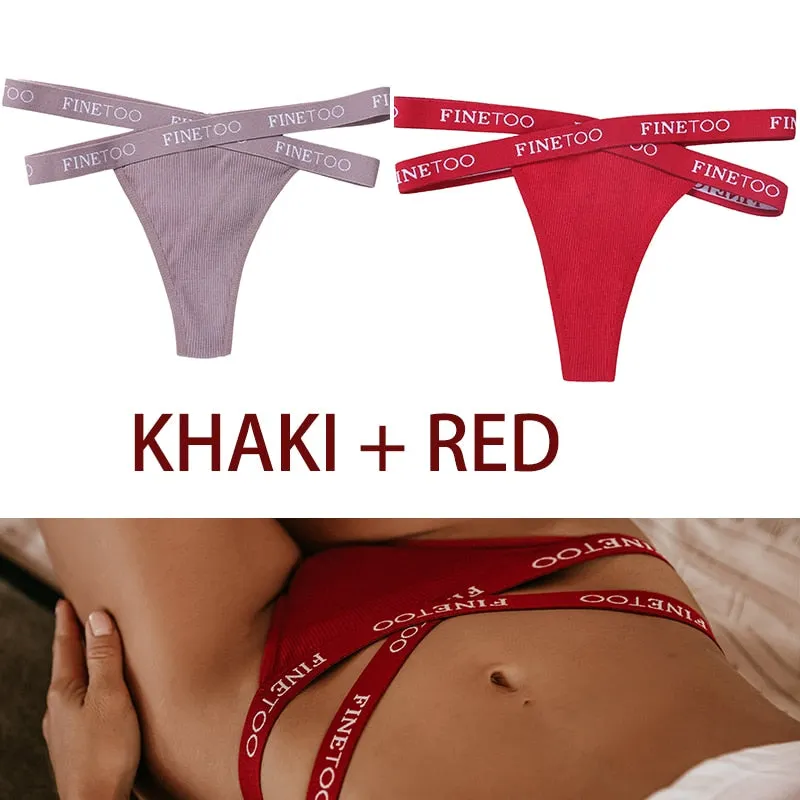 FINETOO 2PCS/Set Women's Cotton G-string Sexy Cross Strap Panties Letter Waisted Underwear Thongs Femme Hollow Out Lady Briefs