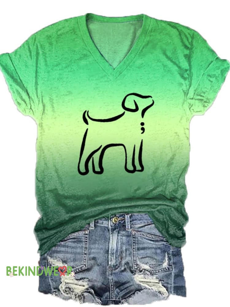 Women&rsquo;s Cute Dog Mental Health Awareness Printed V-Neck T-Shirt Green / S