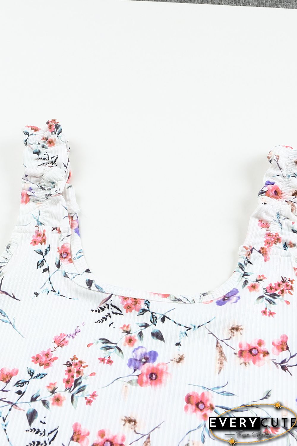 White Ruffle Straps Floral Rib Knit Tank Top