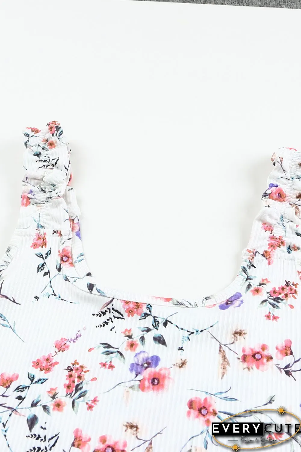 White Ruffle Straps Floral Rib Knit Tank Top