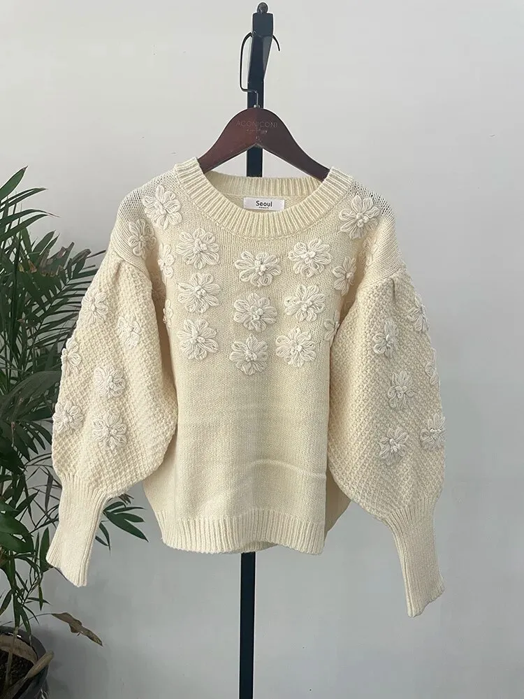 Sdrawing Woman Sweaters O-neck Lantern Sleeve Vintage Knit Pullovers Tops 3D Embroidery Floral Jumper Autumn 2023 Winter Clothing